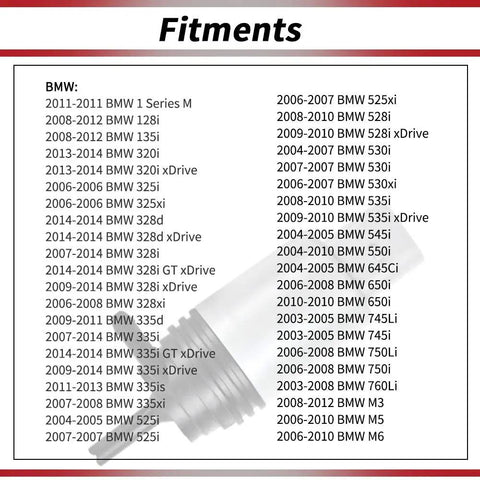 Fitment chart for Heavy Duty Windshield Washer Pump Fits Bmw E90 E60 525i 328i 325xi M3 M5 M6 with list of compatible models.