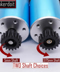 Blue RC motors with black gears, one on 5mm shaft and the other on 3.175mm shaft, with label 'TWO Shaft Choices'