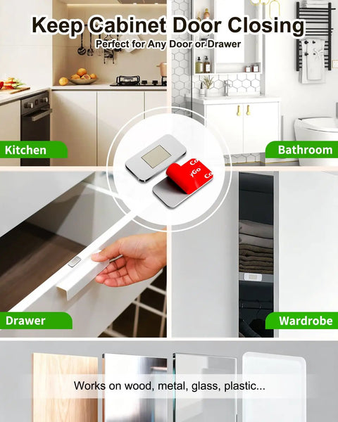 Ultra Thin 0.12 Inch Neodymium Magnetic Cabinet Catch With No Drill Adhesive Mount Flush Fit Magnetic Door Latch shown in various settings.