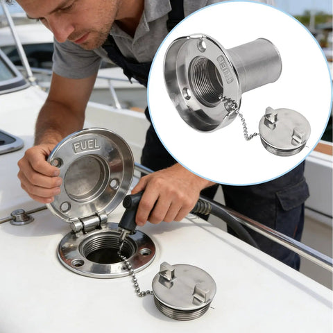 Man installing Keyless Marine Gas Cap 1-1/2 Inch For Marine Fuel Tank Filler Neck, Mirror Polished 316 Stainless Steel on a boat