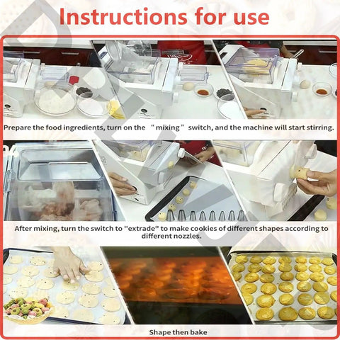 Instructions for use of Automatic Cookie Making Machine 180W with Powerful Motor and interchangeable nozzles and molds.
