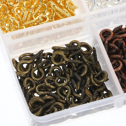 Colorful Mix Screw Eye Pins Kit with self tapping eyelets and threaded hooks for jewelry making and DIY crafts in organizer box.