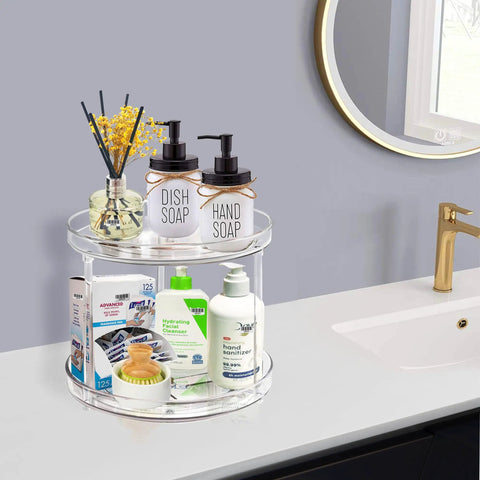 Two Tier Lazy Susan Turntable Organizer For Bathroom And Vanity, Clear 9.25 Inch Rotating Makeup Organizer For Skincare Perfume And Spice Storage, Smooth 360 Degree Spin, Non Slip, Sturdy Cabinet Organizer