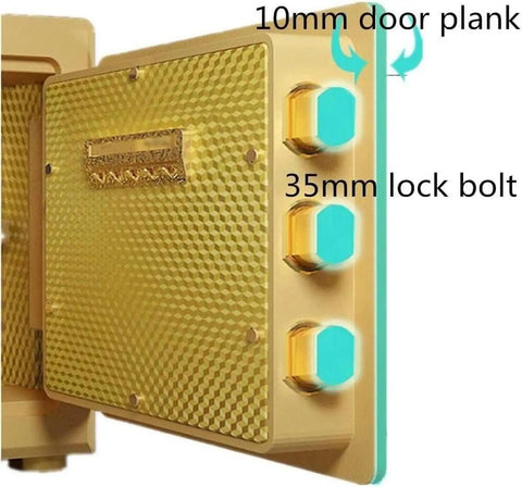Close-up of Compact Home Safe With Digital Keypad Small Keyless Lock Box For Quick Grab And Go Access 3 To 8 Digit PIN Heavy Duty Steel Security Safe For Bedroom Office Or Closet, showing 10mm door plank and 35mm lock bolt.
