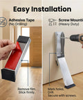 Installation options for Heavy Duty Kickdown Door Stopper For Bottom Of Door, adhesive tape and screw mounting described.