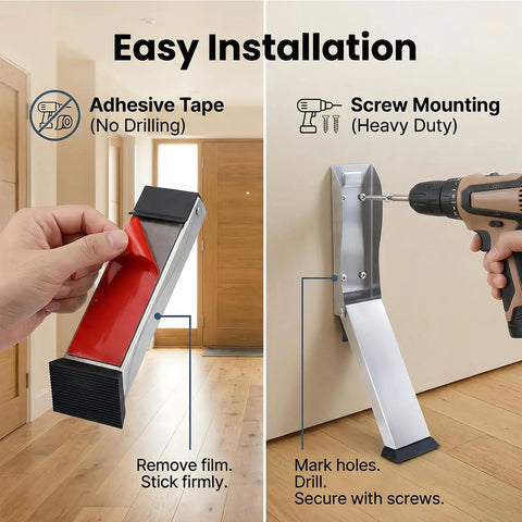 Installation options for Heavy Duty Kickdown Door Stopper For Bottom Of Door, adhesive tape and screw mounting described.