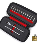 Ratcheting T Handle Tool Set With Heavy Duty 60 Nm Torque 12 Piece One Quarter Inch Hex Bit Kit Portable in neoprene case for repairs