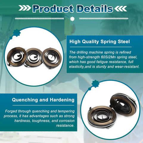 Three Pack Drill Press Springs, 1.65 Inch Outer Diameter, 0.31 Inch Width, 0.03 Inch Thickness, 39.37 Inch Expanded Length, 42x8x0.8mm Spring Steel With Chemical Black Finish, Heavy Duty Replacement, shown in product details infographic.