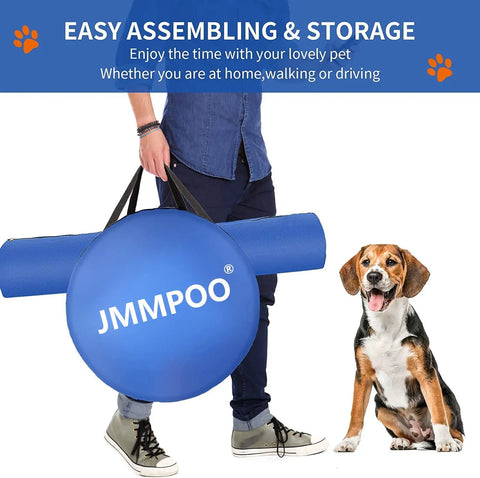 Person holding storage bag from Go-To Dog Agility Training Equipment Kit, 60-Piece Obstacle Course Starter Set, with dog nearby.