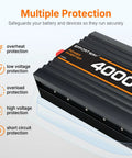 Badass 4000W Power Inverter Switching 12V DC To 110V AC With Modified Sine Wave Action showing multiple protection features including overload and short circuit options.