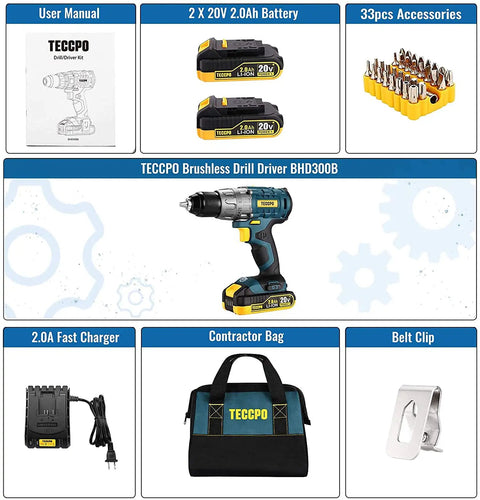 Brushless Cordless Drill Kit With 20V LiIon Power Two 2Ah Batteries 530 InLbs Torque Half Inch Keyless Chuck accessories set