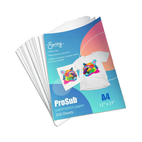 Premium Dye Sublimation Transfer Paper 11 By 17 Inches, 150 Sheets, with two colorful printed shirts on cover