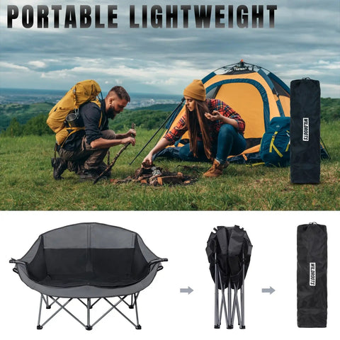 Outdoor Folding Double Camping Chair For Two People With 600 Lbs Heavy Duty Capacity Loveseat Style And Two Cup Holders Portable Carry Bag Included with folding stages and camping scene