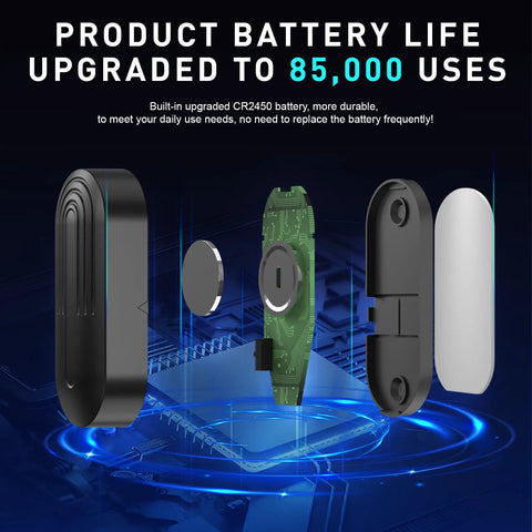 Wireless Door Chime for Home and Office, Easy Plug In Receiver, No Wiring, Door Window Sensor, 500 Ft Range, 55 Chimes, 5 Volume Levels, Adjustable Number Display, Simple Setup, Real Time Alerts battery close-up with CR2450 cell