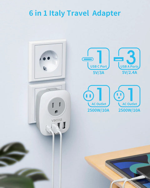 6 in 1 Italy Travel Adapter with 2 AC outlets and 4 USB ports including USB C, plugged into wall, shown in use.