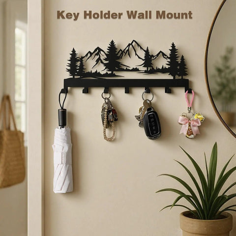 Wall Mounted Key Holder With 7 Dope Black Metal Hooks, Mountain Themed Key Rack For Front Doors, Rustic Home Decor