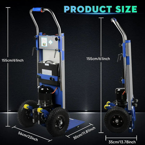 This Insane 1250W Electric Stair Climbing Dolly Handles Up To 900 Lbs With Ease And Features Big 10in Tires Plus Ropes For Heavy Furniture Moves That Will Make Logistics A Breeze On Any Job Site, showing dimensions and design.