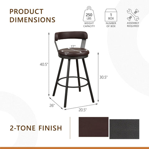 Product dimensions of Set Of Two Built Different Swivel Bar Stools With Cushy Leather Seats And Heavy Duty Metal Frame At 30 Inch Counter Height.