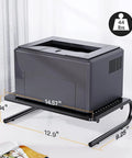 Desktop Monitor Stand With Dope Ventilated Perforated Steel Design holding a printer, showing dimensions and weight limit.