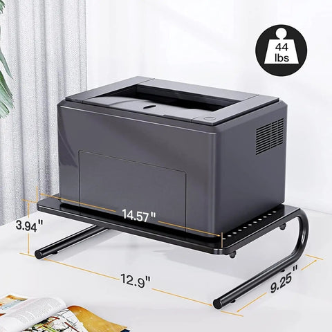Desktop Monitor Stand With Dope Ventilated Perforated Steel Design holding a printer, showing dimensions and weight limit.