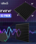 52 Pack Wedge Acoustic Foam Panels With Heavy Duty Self Adhesive To Ditch Echoes And Tame Bouncy Sounds Quick Peel Setup For Home Studios Gaming Rooms And Workspaces 1X12X12 Inches image showing 12x12 inch black foam panels.