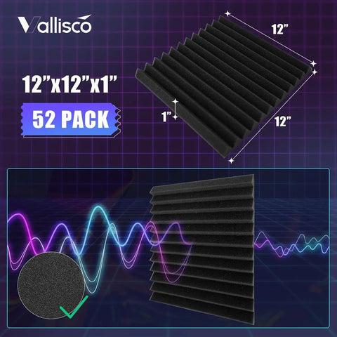 52 Pack Wedge Acoustic Foam Panels With Heavy Duty Self Adhesive To Ditch Echoes And Tame Bouncy Sounds Quick Peel Setup For Home Studios Gaming Rooms And Workspaces 1X12X12 Inches image showing 12x12 inch black foam panels.