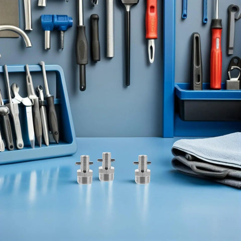 Solid As Rock Stainless Steel Hydraulic Grease Gun Needle Fittings Kit with three metal fittings on a blue workbench
