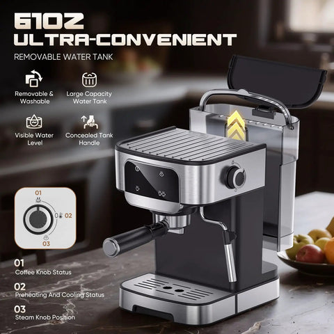 Effortless Home Barista Kit Compact Espresso Machine With 20 Bar Pump And Quick Milk Frother LED touch control with removable water tank.
