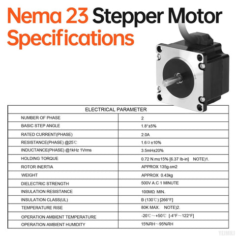 Front view of NEMA 23 bipolar stepper motor with silver mounting flange and black housing, 57x41 mm size, exposed shaft