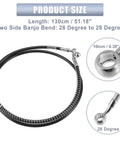 51.18 Inch Stainless Steel Braided Motorcycle Hydraulic Brake Line Kit With 10mm Inner Diameter For ATV Motocross And Street Bikes Black Hose Caliper Upgrade And High Performance Braking, showing product size and bends.