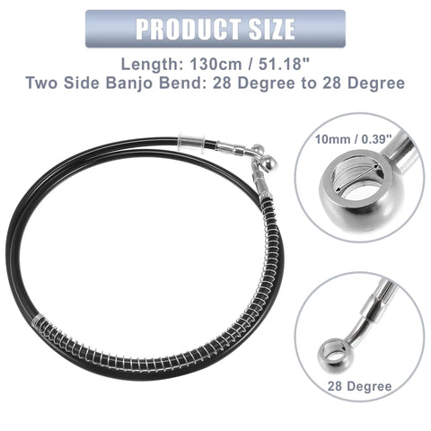 51.18 Inch Stainless Steel Braided Motorcycle Hydraulic Brake Line Kit With 10mm Inner Diameter For ATV Motocross And Street Bikes Black Hose Caliper Upgrade And High Performance Braking, showing product size and bends.