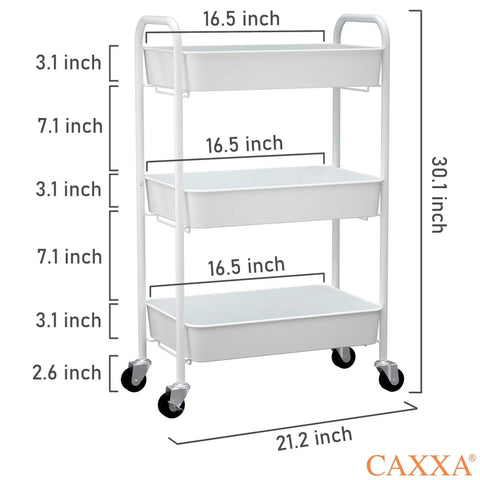 Three Tier Rolling Metal Storage Organizer On Wheels White Mobile Utility Cart With Caster Wheels For Kitchen Office Home And Garage Organization Durable Powder Coated Steel Mesh Baskets with dimensions shown