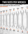 Slick Slim SAE Open End Wrench Set 9 Piece From One Quarter Inch To One Inch, Ultra Thin Chrome Vanadium Steel, Sizes Displayed