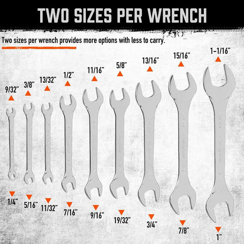 Slick Slim SAE Open End Wrench Set 9 Piece From One Quarter Inch To One Inch, Ultra Thin Chrome Vanadium Steel, Sizes Displayed