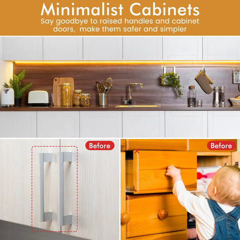 Kitchen with wooden cabinets showing before using 50 Pack Magnetic Push Latches For Cabinet Doors And Drawers, Push To Open No Handle