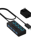 Four Port Powered USB 3.0 Hub With Individual LED Power Switches For Independent On Off Control Supports Up To 5Gbps High Speed Data Transfer Plug And Play Easy Expansion For Desktops Laptops And Notebooks, black 4-port hub with power adapter
