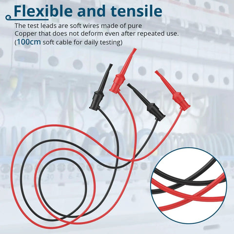 5 Pack Double Ended Mini Grabber Test Leads With 1M Length And 10A Heavy Duty Hook Clips in red and black on PCB background