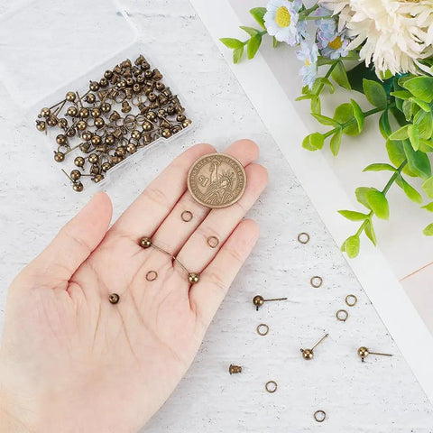 Antique Bronze Ball Stud Earring Findings Set With Horizontal Loops Ear Nuts And Iron Jump Ring 40 Pcs For Jewelry Making 15mm DIY Craft Supplies Kit Essentials, hand-held