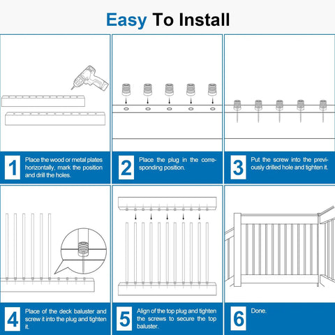 Installation guide for Straight Up Solid Black Aluminum Deck Balusters 26 Inch Spindles with connectors and screws.