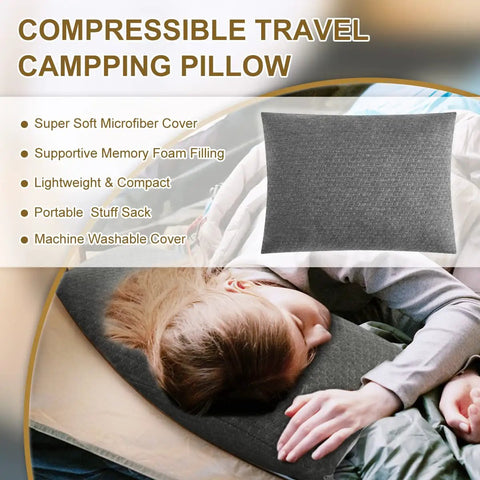 Travel Camping Pillow With Shredded Memory Foam, Ultra Compact And Compressible shown with features and person sleeping