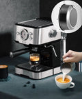 ROCK SOLID SEMI AUTOMATIC ESPRESSO MAKER BOASTS 20 BAR PRESSURE EXTRACTION AND A BUILDER GRADE STEEL STEAM WAND FOR HELLA RICH MILK FOAM PLUS INTUITIVE TEMPERATURE CONTROL AND 1050 WATT SILVER BUILD showcasing latte art pouring.