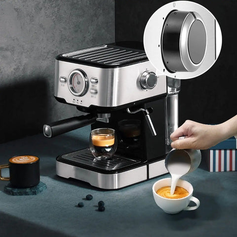 ROCK SOLID SEMI AUTOMATIC ESPRESSO MAKER BOASTS 20 BAR PRESSURE EXTRACTION AND A BUILDER GRADE STEEL STEAM WAND FOR HELLA RICH MILK FOAM PLUS INTUITIVE TEMPERATURE CONTROL AND 1050 WATT SILVER BUILD showcasing latte art pouring.