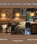 Tall Industrial Floor Lamp With LED 9W Bulb Wood Grain Shade Oil Rubbed Bronze Finish Foot Switch 3 Color Temperatures 2700K 4000K 5000K Ideal For Living Room Bedroom Or Office Reading And Creating A Cozy Vibe shown in bedroom, living room, and study.
