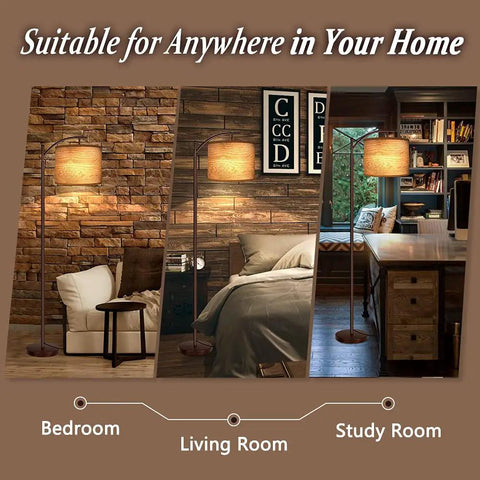 Tall Industrial Floor Lamp With LED 9W Bulb Wood Grain Shade Oil Rubbed Bronze Finish Foot Switch 3 Color Temperatures 2700K 4000K 5000K Ideal For Living Room Bedroom Or Office Reading And Creating A Cozy Vibe shown in bedroom, living room, and study.