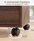 Total Game Changer Smooth Rolling 5 Drawer Wooden Filing Cabinet With Side Door And Adjustable Shelf Mobile Printer Stand Organizer For Home Office Bedroom Coffee Finish showing 4 universal casters, 2 with brakes.