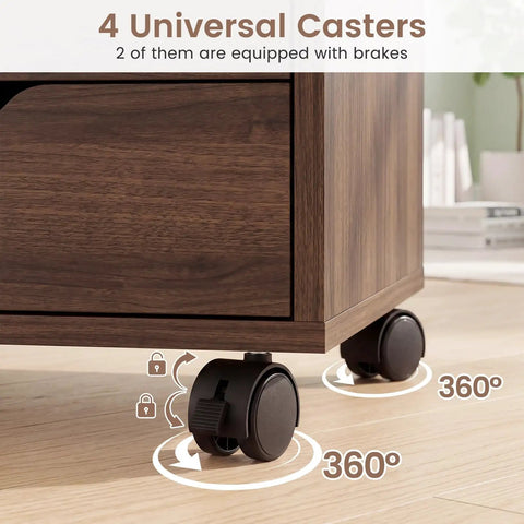 Total Game Changer Smooth Rolling 5 Drawer Wooden Filing Cabinet With Side Door And Adjustable Shelf Mobile Printer Stand Organizer For Home Office Bedroom Coffee Finish showing 4 universal casters, 2 with brakes.
