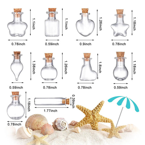 Big Time Favorite Mini Glass Jars With Cork Stoppers, 50 Pack Super Cute Wishing Bottles In 10 Unique Styles displayed with dimensions.