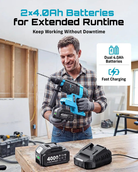 Man holding Go Cordless With This 1-Inch SDS-Plus Rotary Hammer Drill Featuring Brushless Motor, 4-Mode Safety Clutch, Includes 2X 4.0Ah Batteries And Chisel Bit Set For Concrete Drilling And Home Renovation indoors