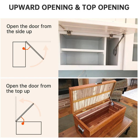 Diagram of Soft Close Toy Box Hinges with Lid Stay and Gentle Hydraulic Dampening, showing upward top opening flap doors and 105 degree open.