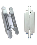 Satin chrome concealed 3D adjustable invisible hinge set of two up to 352 lbs per door for frameless doors, side and front views